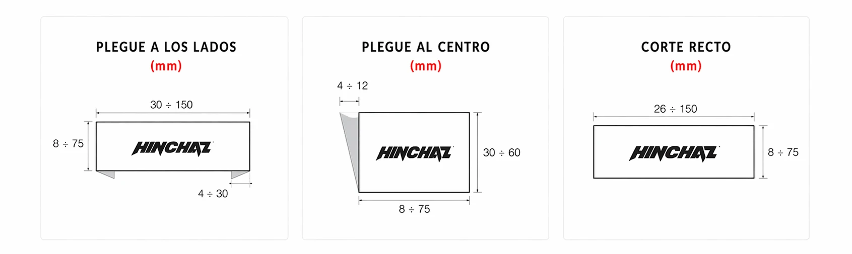 Diagrama de tres tipos de doblez de etiqueta bordada